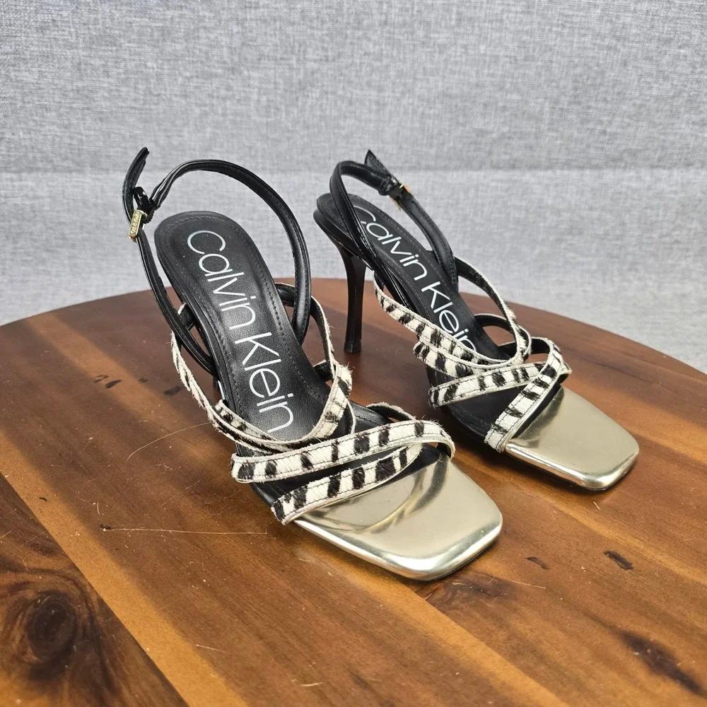 Calvin Klein Zebra Print Strappy Sandals Gold Square Toe Stiletto Heels 34E00014